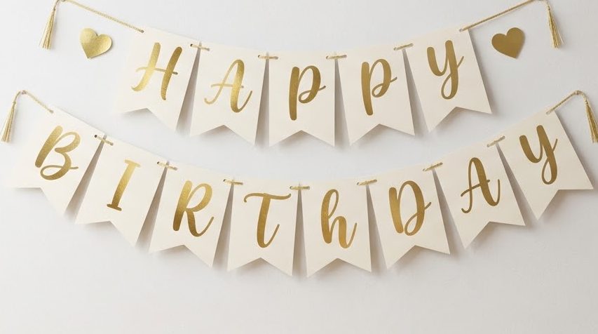 Happy Birthday Banner — Gold Script — detail view