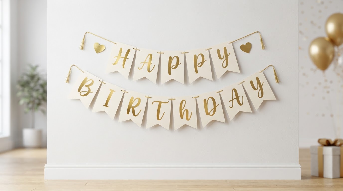 Happy Birthday Banner — Gold Script — Banners and Backdrops